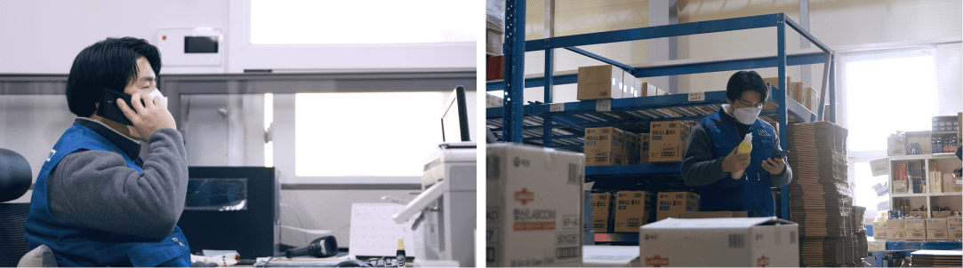 전화통화로 업무를 전달하고 네이버웍스에 남겨달라고 요청하는 모습.