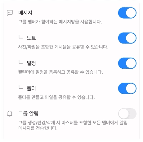 네이버웍스 메시지에서 노트, 일정, 폴더 설정을 키고 끄는 화면.