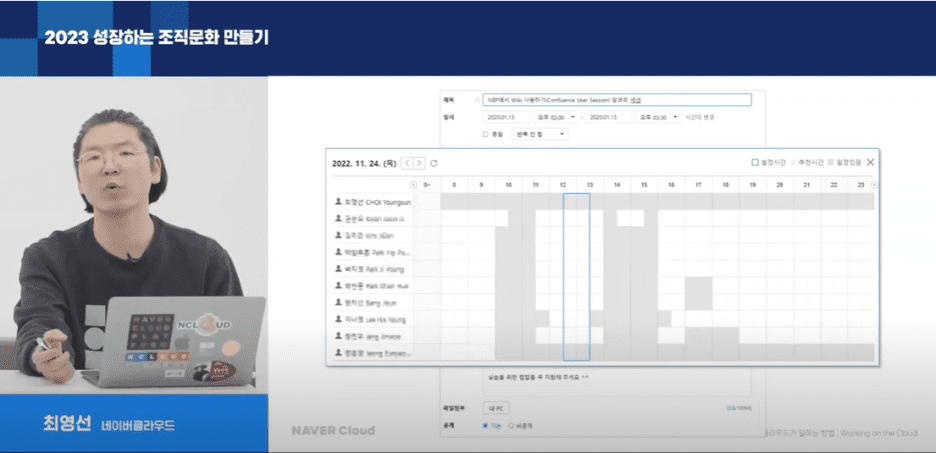 네이버웍스 빈시간 확인을 통해 화상회의 시간을 설정하는 모습을 소개하는 PPT 화면.