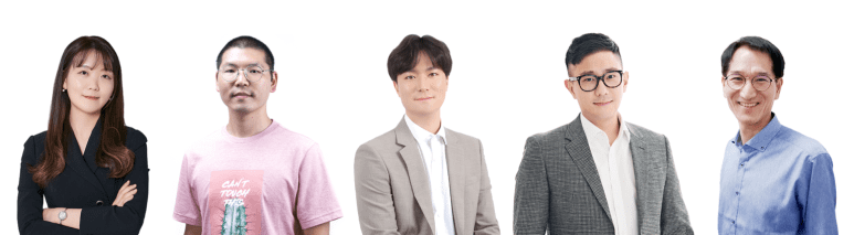 5분의 연사자 분들 모습. 좌측부터 원티드랩, 네이버클라우드, 패스트파이브, 로지텍, 유밥.