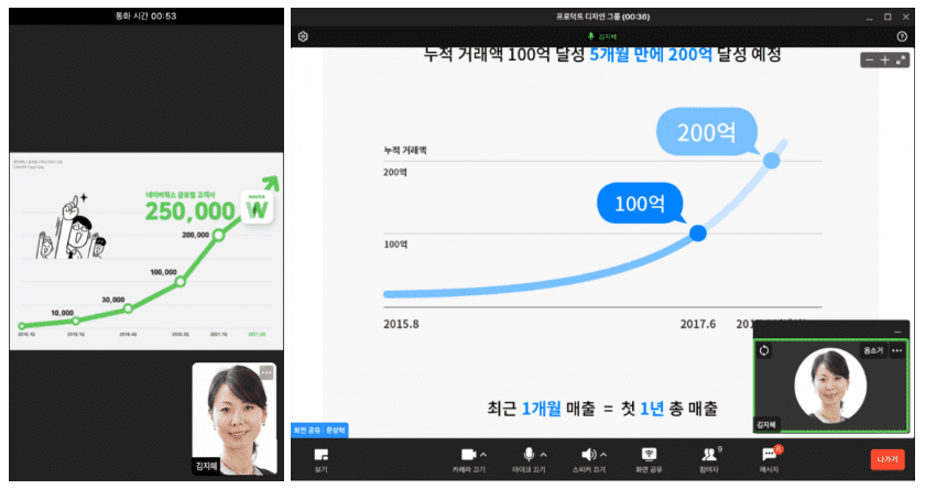모바일과 PC 앱에서 화면 공유를 하는 화면.