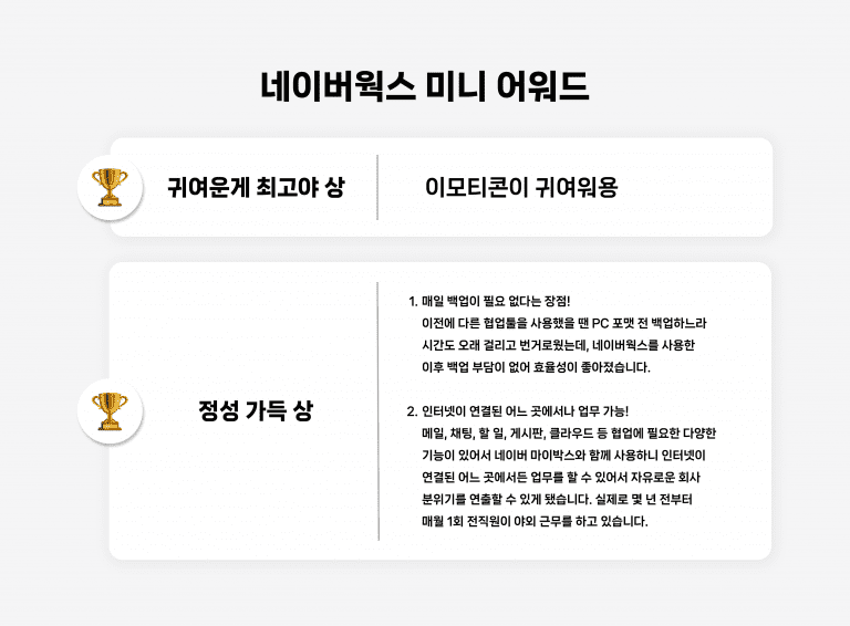 네이버웍스 미니어워드. 귀여운게 최고야 상과 정성 가득 상 수상 답변.