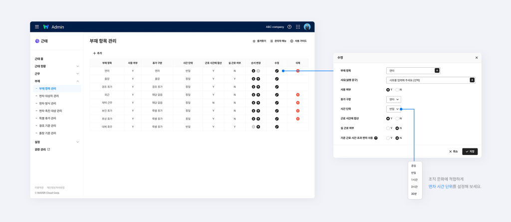 네이버웍스 근태에서 연차 시간 단위를 설정하는 화면.