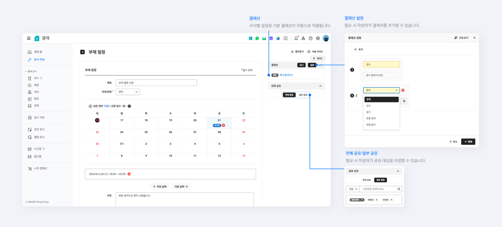 네이버웍스 결재에서 결재선에 결재자를 추가하는 화면과 결재 문서를 다른 구성원에게 공유하는 화면.