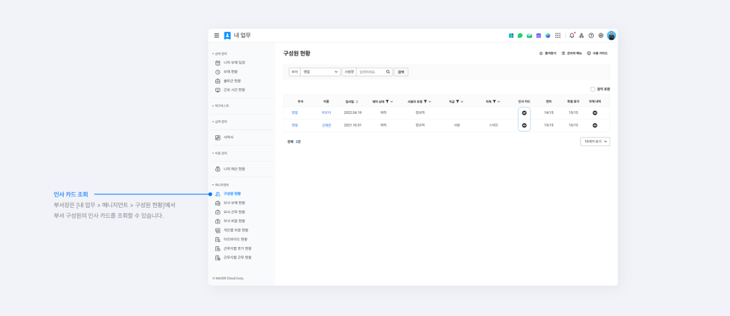 부서장이 부서 구성원들의 인사 카드를 조회하는 화면.