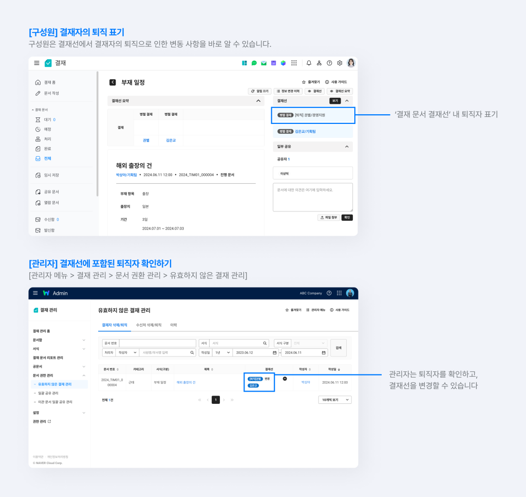 네이버웍스 결재에서 퇴직자를 확인하고 결재선을 변경하는 화면.