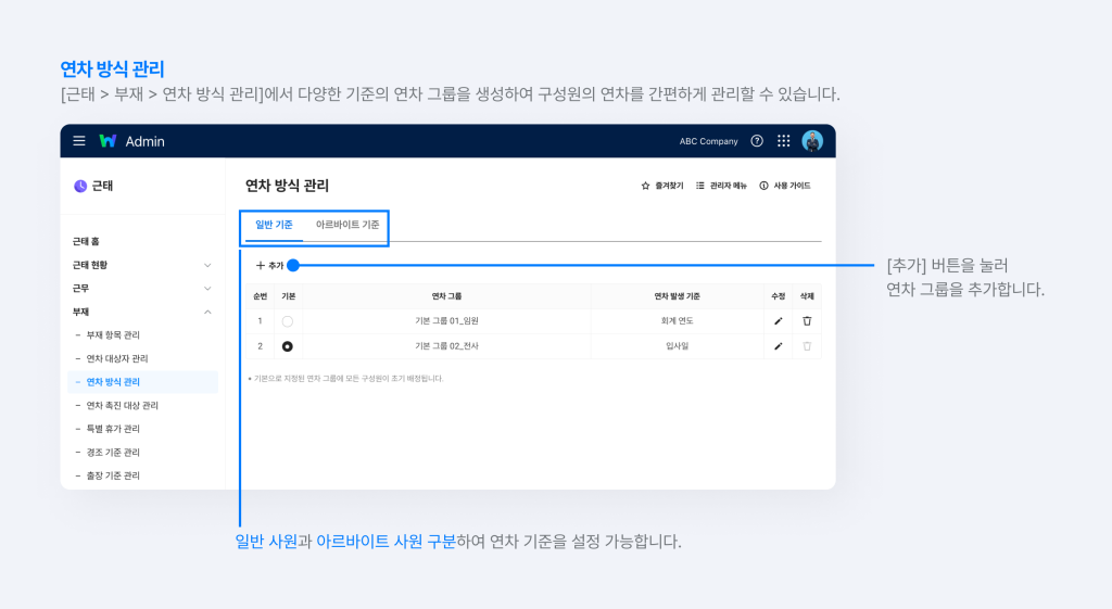 네이버웍스 근태에서 일반 사원과 아르바이트 사원을 구분하여 연차 기준을 설정하는 화면.