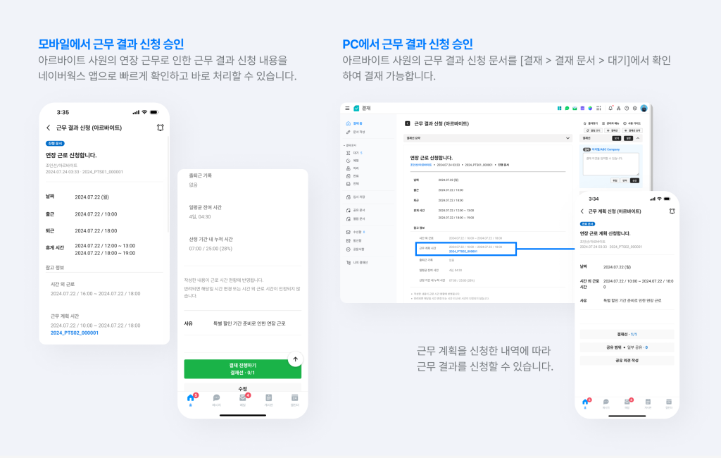 네이버웍스 모바일 앱과 PC 웹에서 아르바이트 사원의 근무 결과 신청을 승인하는 화면.