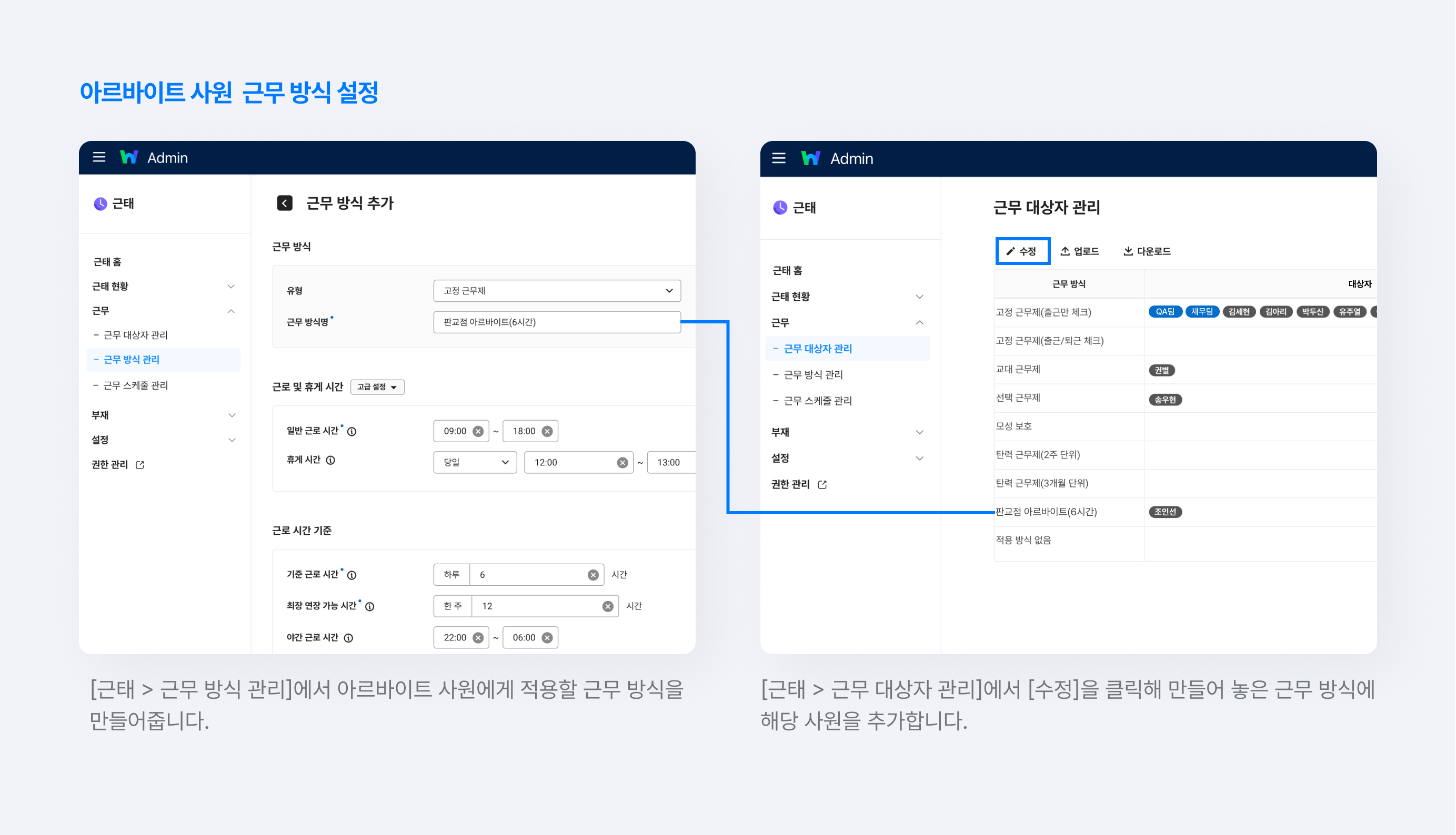 네이버웍스 근태에서 아르바이트 사원에게 적용할 근무 방식을 설정하는 화면.
