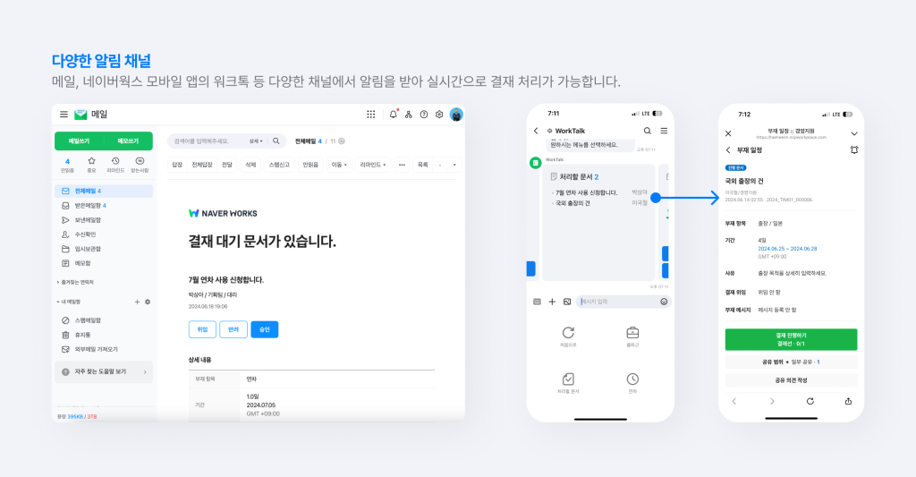 네이버웍스 메일과 워크톡에서 실시간으로 결재 처리를 진행하는 화면.