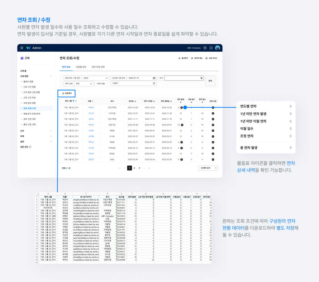 구성원의 연차 현황을 조회하고 연차 현황 데이터를 다운로드하는 화면.