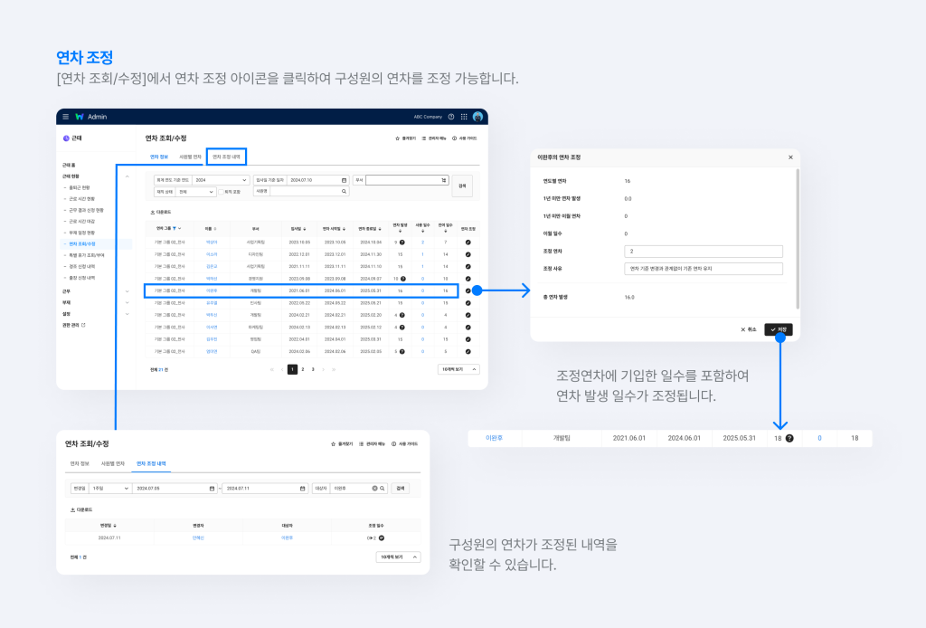 구성원의 연차 발생 일수를 조정하는 화면.