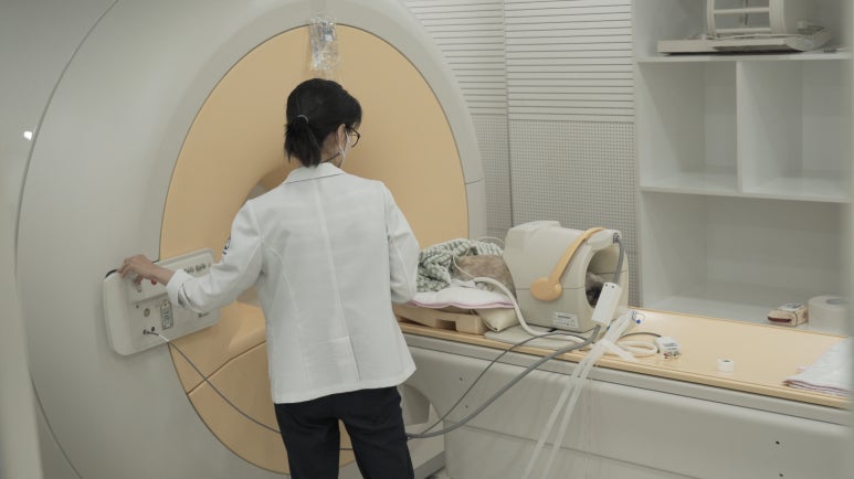 뇌 MRI 촬영을 진행하고 있는 영상진단과 의료진의 모습.