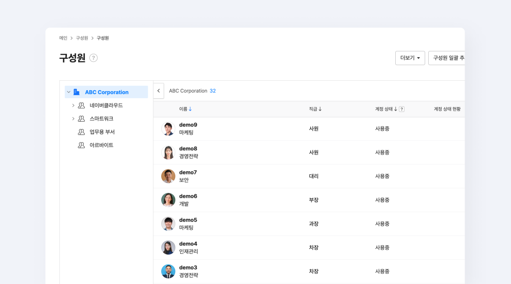 네이버웍스 경영지원 데모계정에 접속하여 구성원 정보를 확인하는 화면.