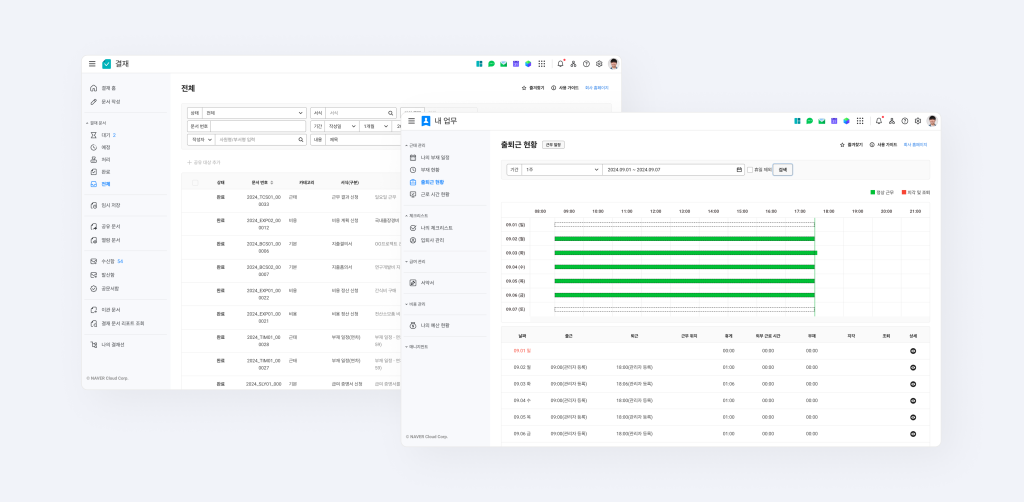 네이버웍스 경영지원 데모계정에 접속하여 결재 문서와 출퇴근 현황을 확인하는 화면.