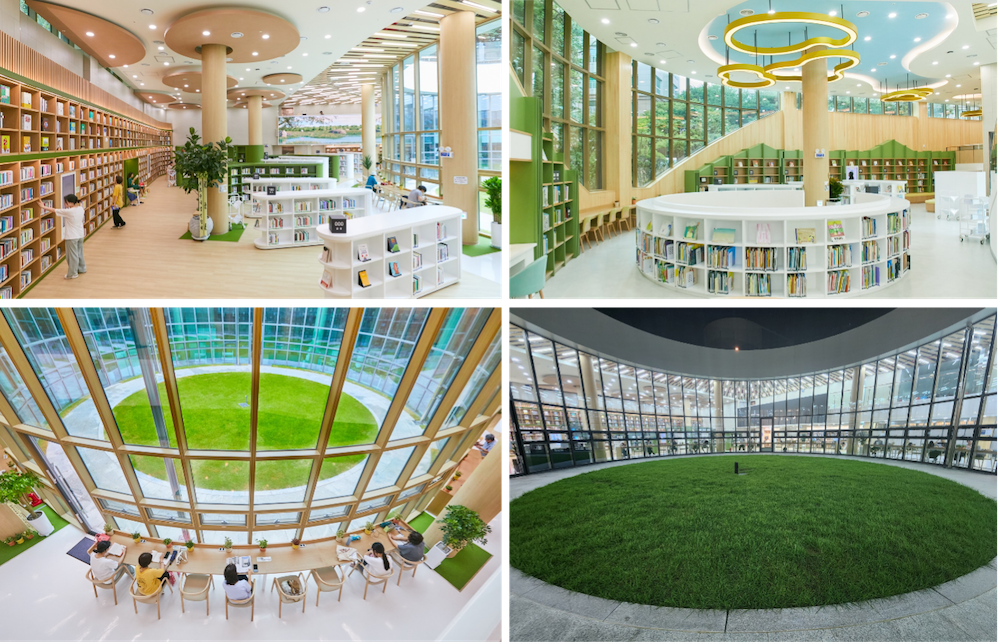 자연과 조화를 이루는 친환경적인 디자인의 서초구립방배숲환경도서관 전경.