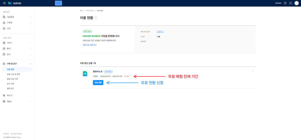 네이버웍스 어드민에서 클로바노트의 무료체험 잔여 기간을 확인하고 유료 전환을 신청하는 화면.