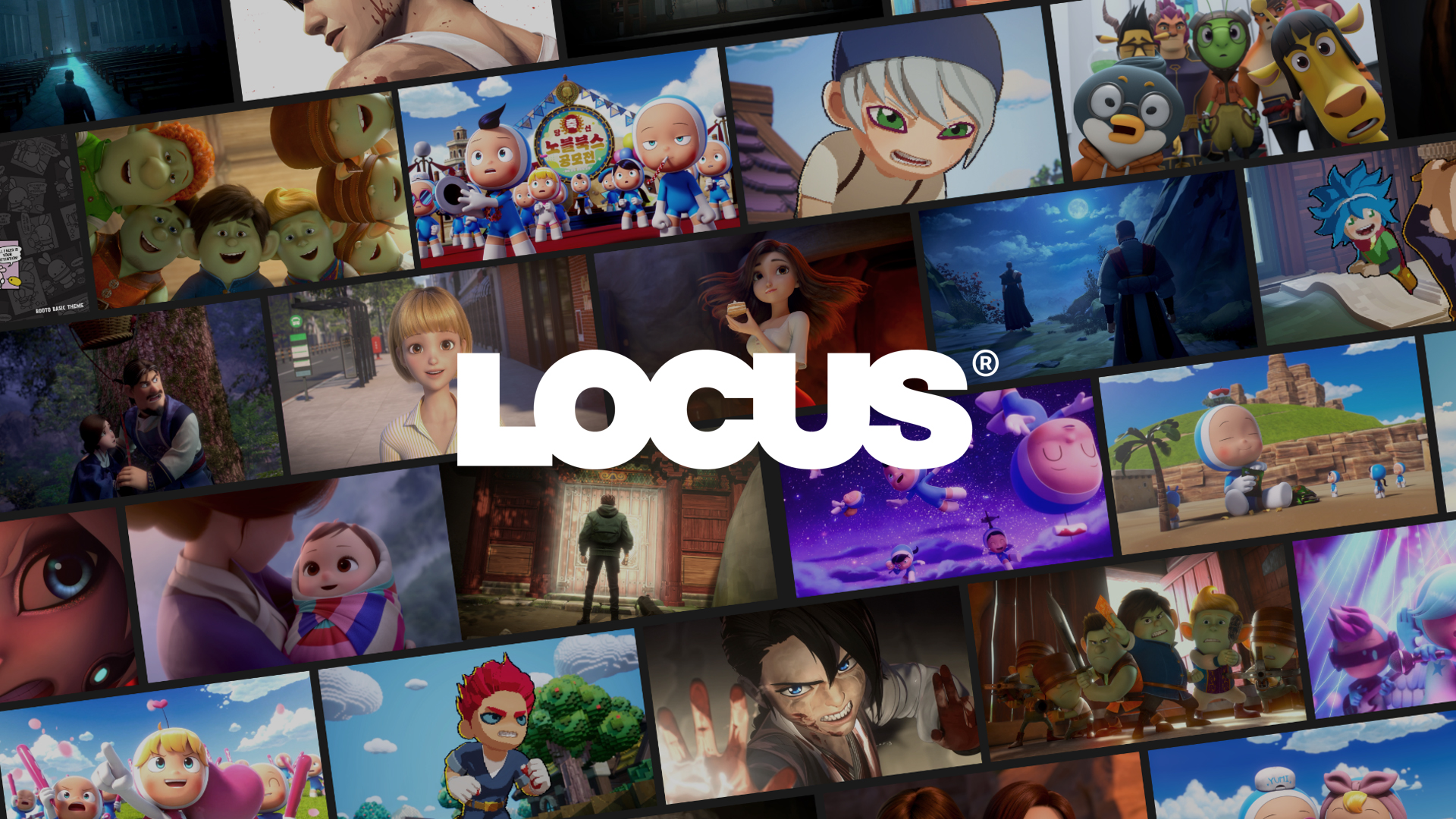 로커스 애니메이션 퇴마록, 레드슈즈, 유미의세포들, 런닝맨, 전자오락수호대 이미지와 로커스 로고.