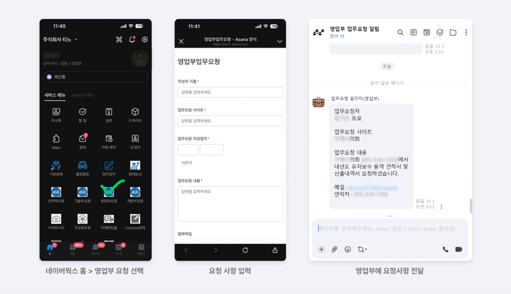 영업부에서 네이버웍스 봇(Bot)과 아사나(asana)를 연동해서 업무 소통을 자동화한 모습.