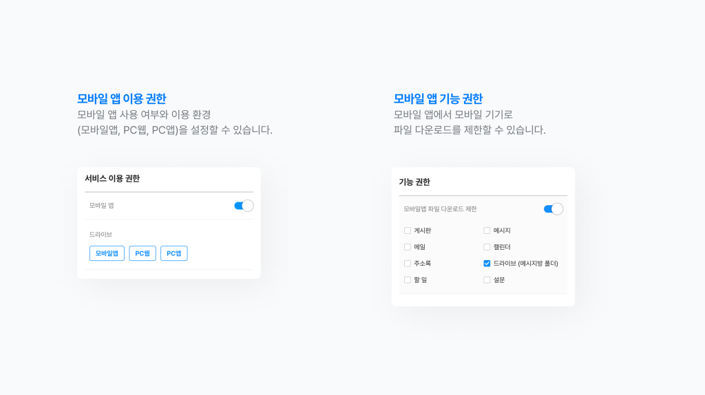 네이버웍스 모바일 앱 이용 권한과 모바일 앱 기능 권한을 설정하는 화면.
