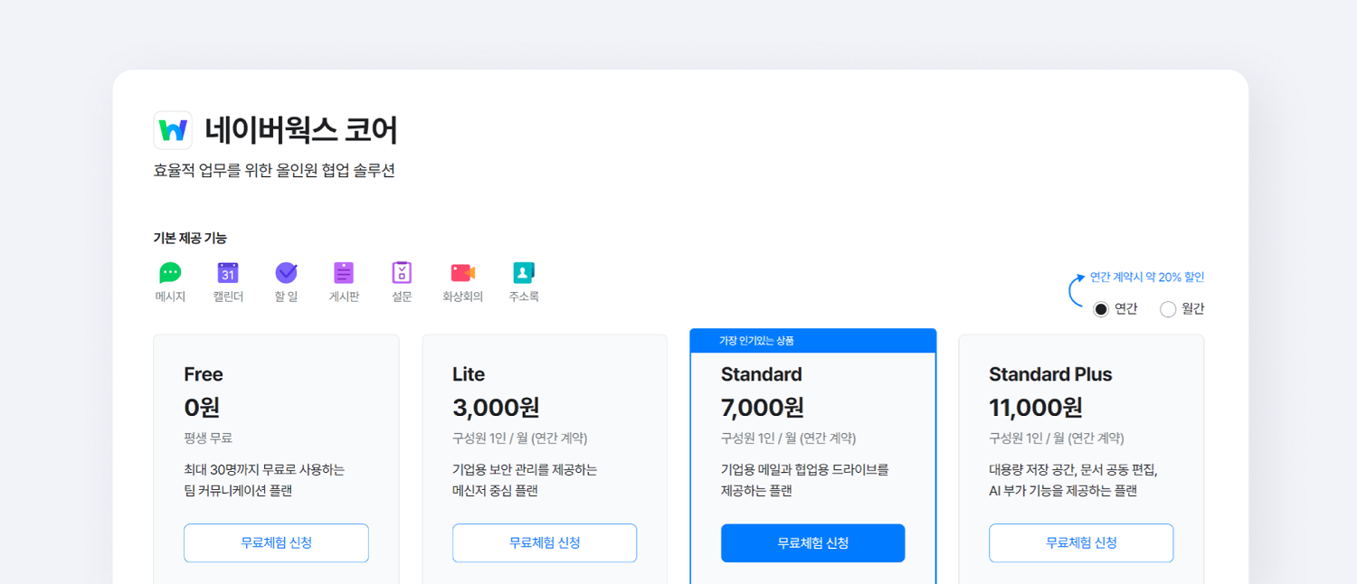 네이버웍스 코어 이용 요금 화면.