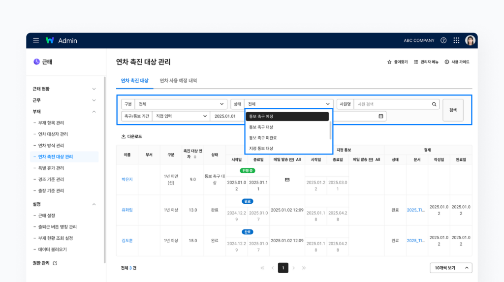 네이버웍스 어드민에서 연차 촉진 대상 관리 현황을 조회하는 화면.