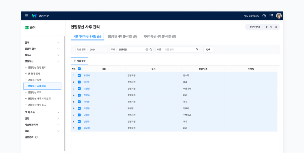 연말정산 사후 관리 메뉴의 [서류미비자 안내 메일 발송] 탭에서 연말정산 대상자의 진행 단계와 최종 작업 일시를 확인하는 화면.