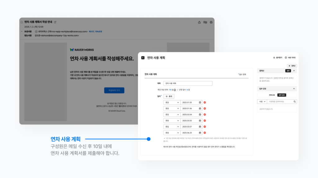 연차 사용 촉진 메일을 받은 구성원이 연차 사용 계획을 작성하는 모습.