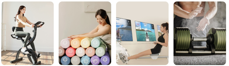 맬킨스포츠 대표 제품인 폴민바이크, EVA폼롤러, 볼트윅 로잉머신 상세 이미지. 