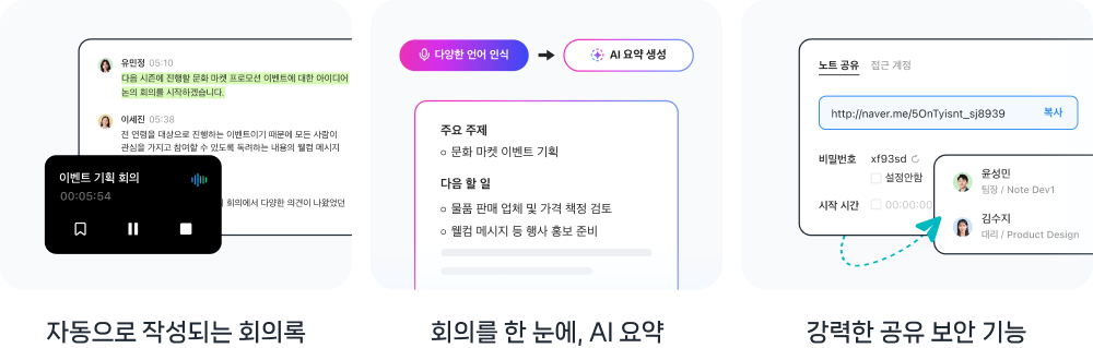 클로바노트 기능에 대한 소개. 자동으로 작성되는 회의록, 회의를 한 눈에 AI 요약, 강력한 공유 보안 기능.