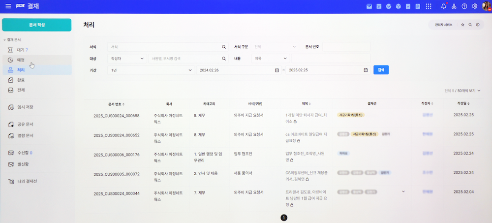 아정네트웍스 결재 문서 관리 화면. 다양한 문서 서식을 커스텀으로 제작해서 사용 중.