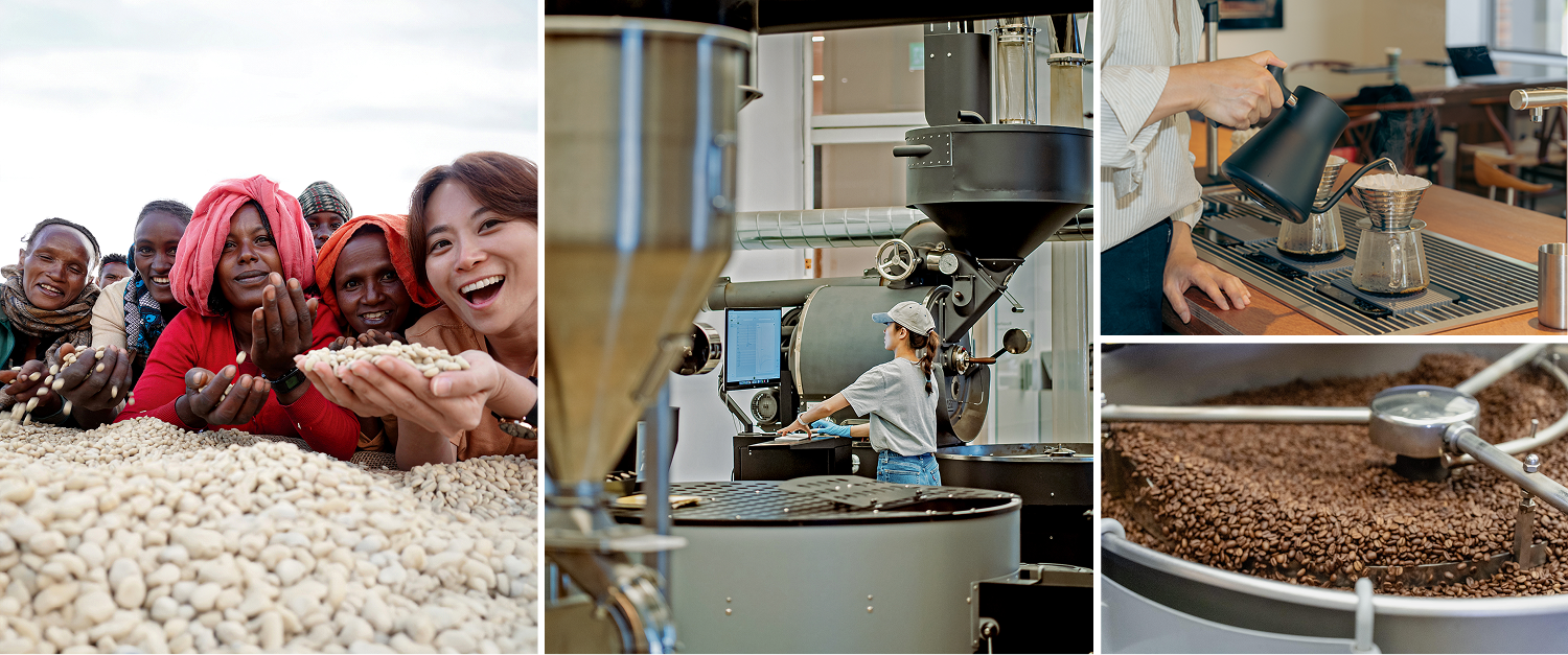 원두의 모든 과정을 세심하게 관리하는 모모스팀의 그린 바이어 팀의 모습과 커피를 로스팅하는 모습