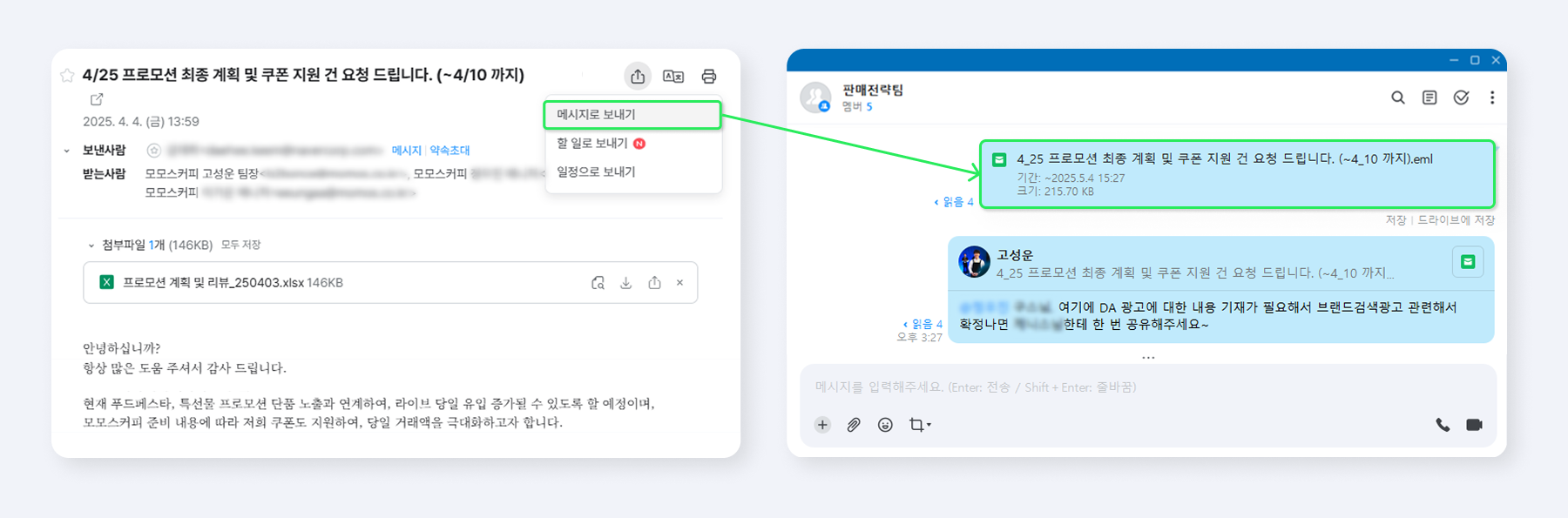 모모스커피 판매전략팀에서 메일로 수신한 내용을 내부 메시지로 공유하며 빠르게 업무를 진행하는 모습