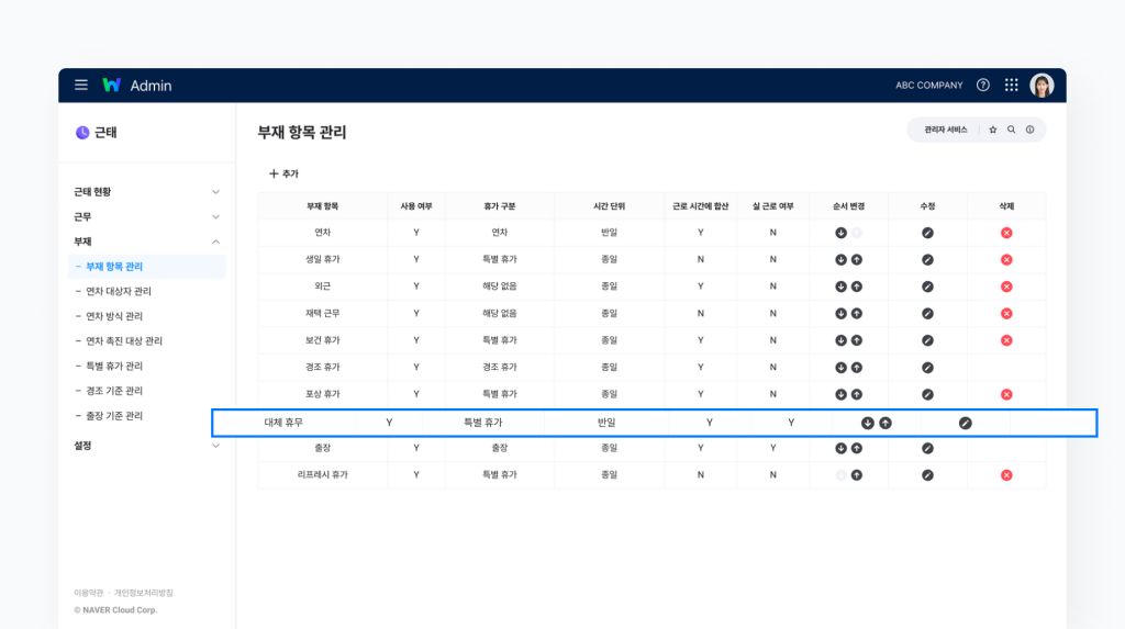 네이버웍스 근태에서 부재 항목 관리를 통해 대체 휴무를 설정하는 화면을 보여주는 이미지