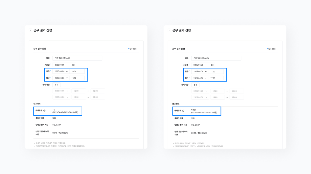 네이버웍스 결재에서 근로 시간에 맞춰 대체 휴무가 자동으로 부여되는 것을 보여주는 화면 이미지 