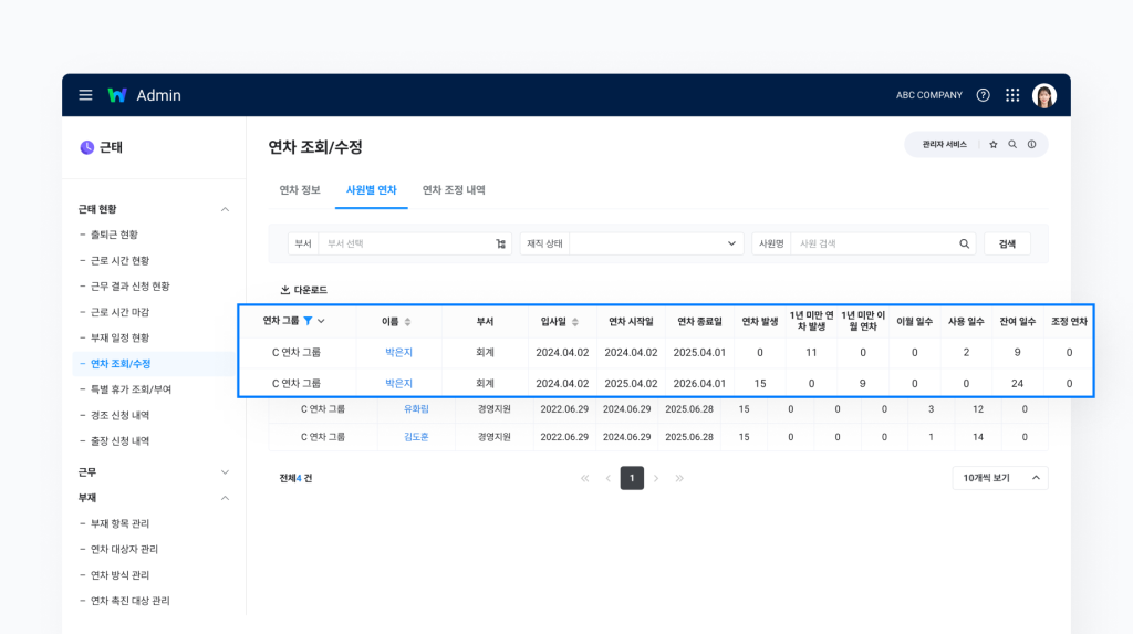 네이버웍스 경영지원의 근태에서 구성원의 과거 연차 이력을 확인할 수 있는 방법을 소개하는 화면 이미지