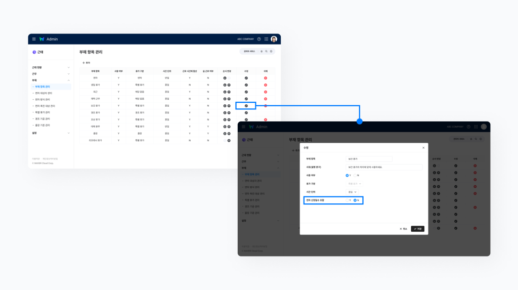 네이버웍스 경영지원의 근태에서 부재 항목 관리에 연차 산정일수 포함 유무를 설정하는 방법을 보여주는 화면 이미지