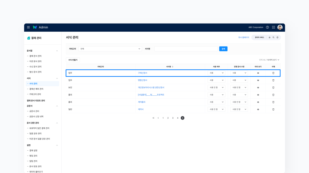 네이버웍스 결재의 관리자 페이지에서 서식 사용 여부를 설정해주는 화면 이미지 