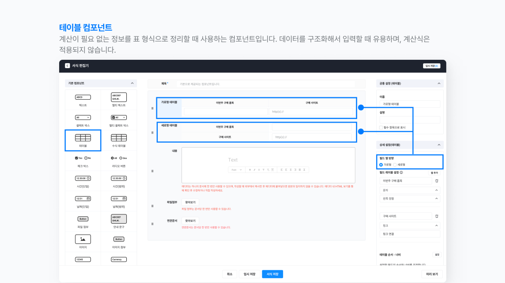 네이버웍스 결재에서 테이블 컴포넌트 추가, 설정하는 화면 이미지 