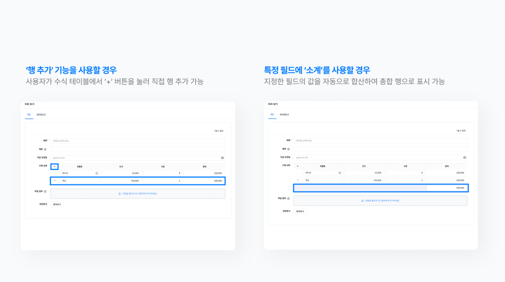 네이버웍스 결재의 서식 편집기에서 행 추가와 소계 기능을 설정하는 화면 이미지 