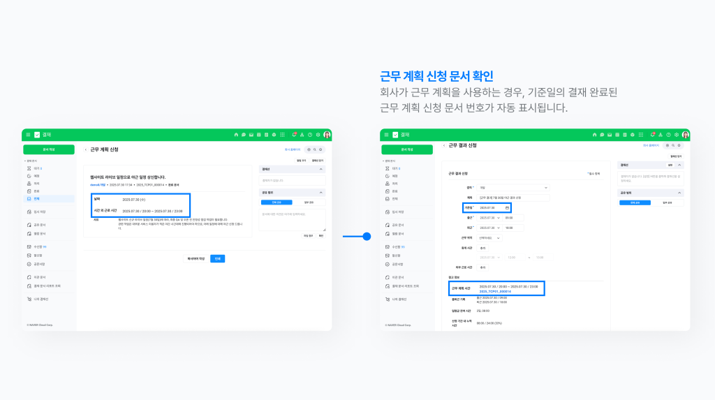 근무 계획 신청 문서 번호를 확인할 수 있는 네이버웍스 화면 이미지